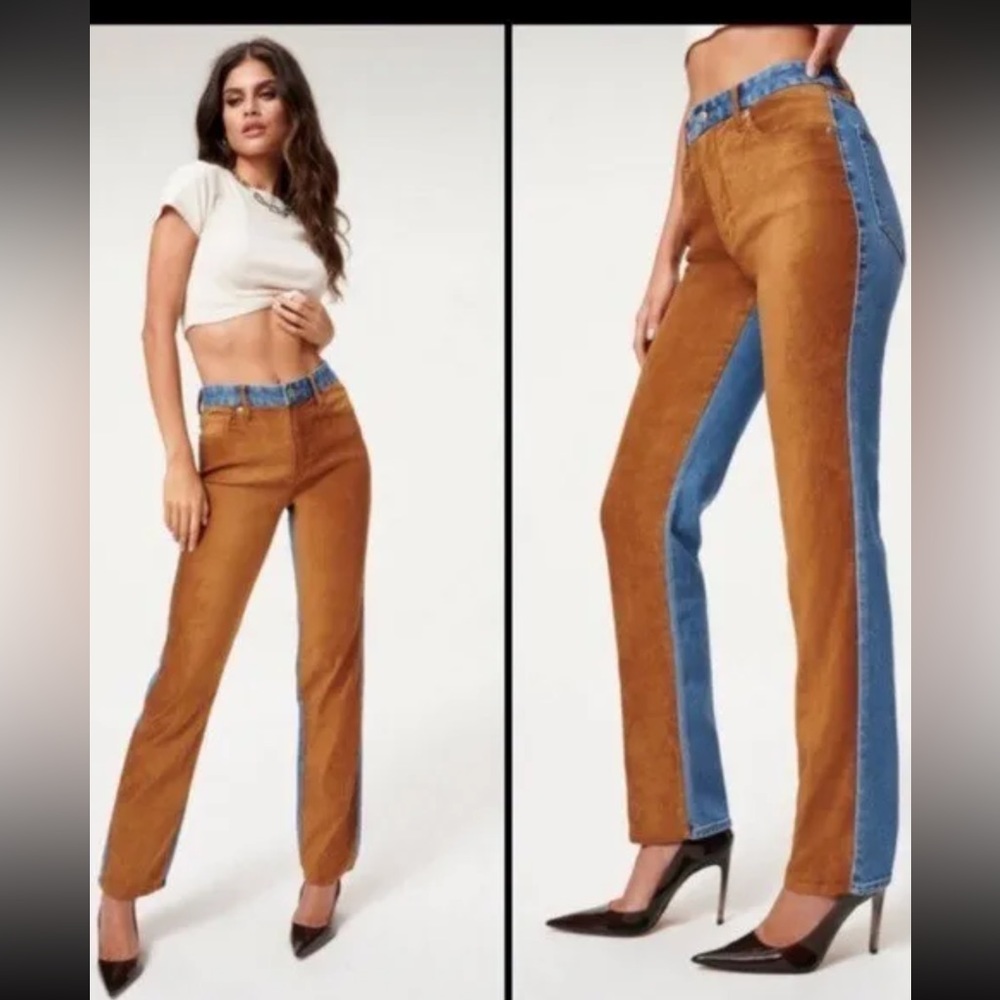 GOOD AMERICAN SUED AND DENIM STRAIGHT LEG JEANS NWT